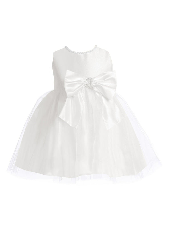Sweet Kids Baby Girls White Satin Tulle Pearl Ribbon Flower Girl Dress 6-24M - SophiasStyle.com